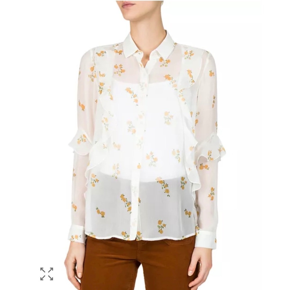 The Kooples Popcorn Floral-Print Sheer‎ Silk Shirt Ruffle Button Down FR 1/US S